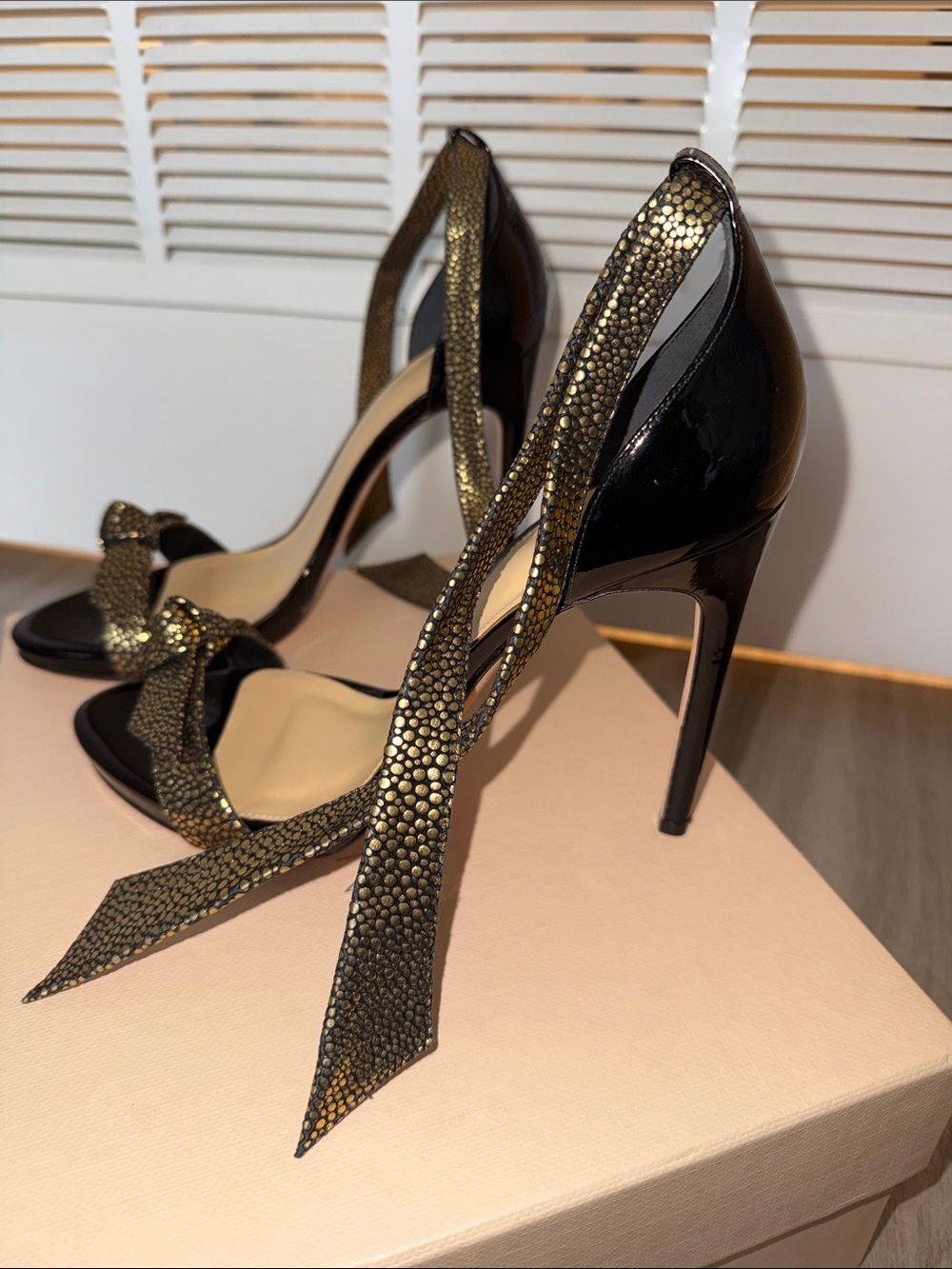 Alexandre Birman Clarita Leather Black and Gold Ankle-Tie High Heels - Picture 9 of 10